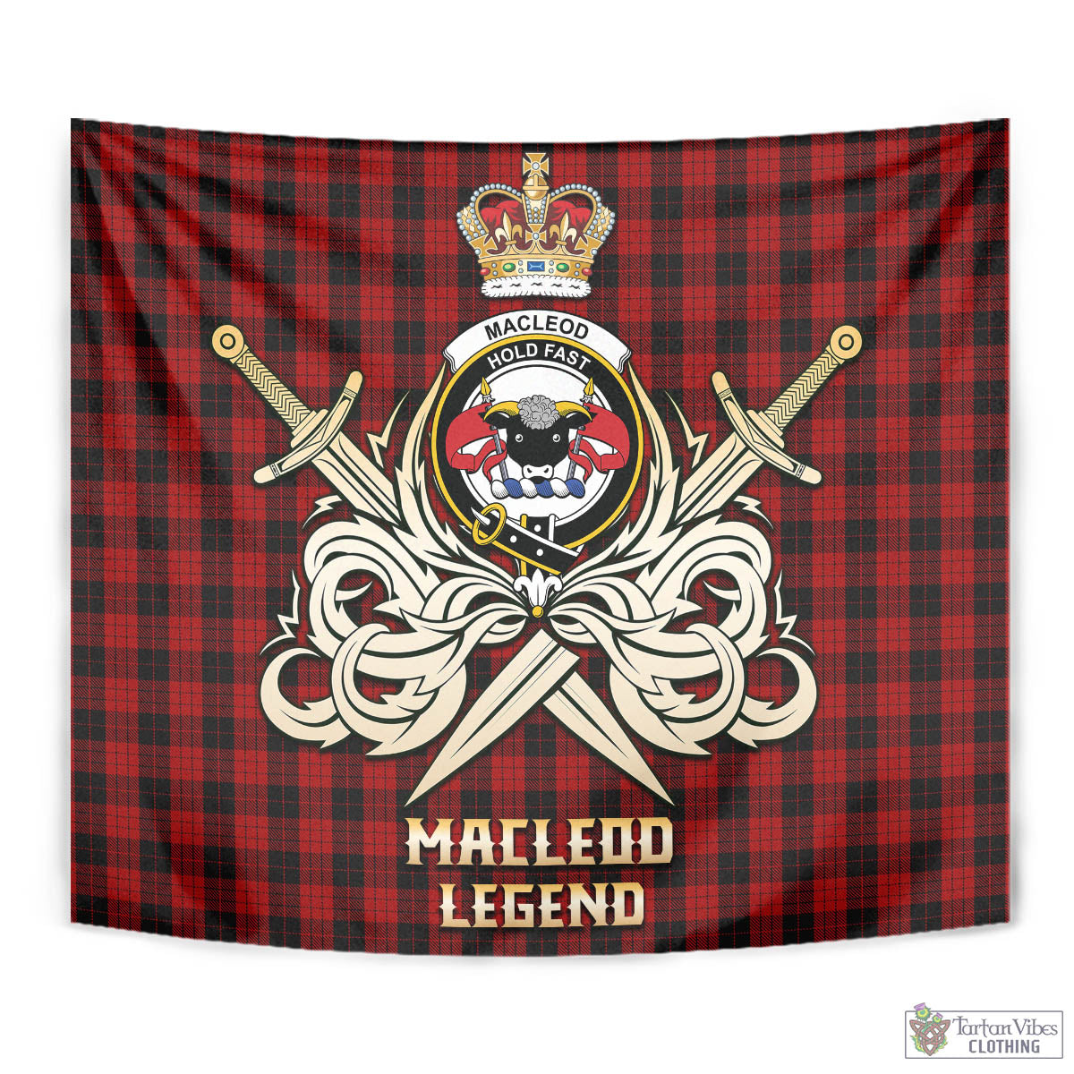 Tartan Vibes Clothing MacLeod Black and Red Tartan Tapestry with Clan Crest and the Golden Sword of Courageous Legacy