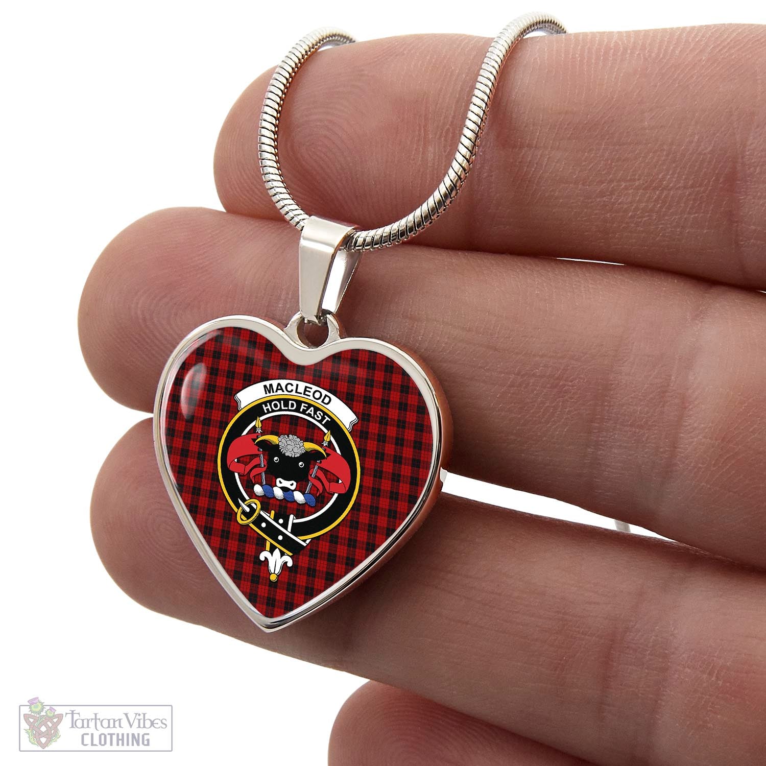 Tartan Vibes Clothing MacLeod Black and Red Tartan Heart Necklace with Family Crest