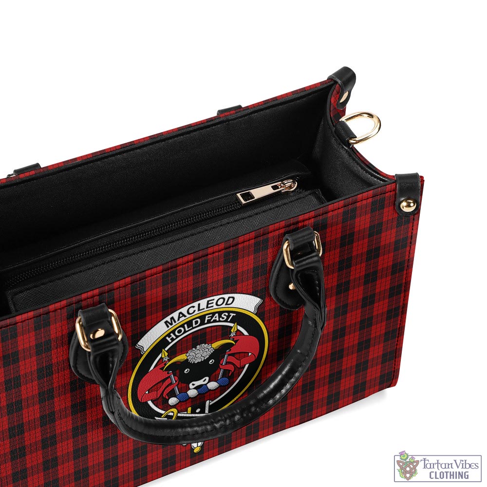 Tartan Vibes Clothing MacLeod Black and Red Tartan Luxury Leather Handbags with Family Crest