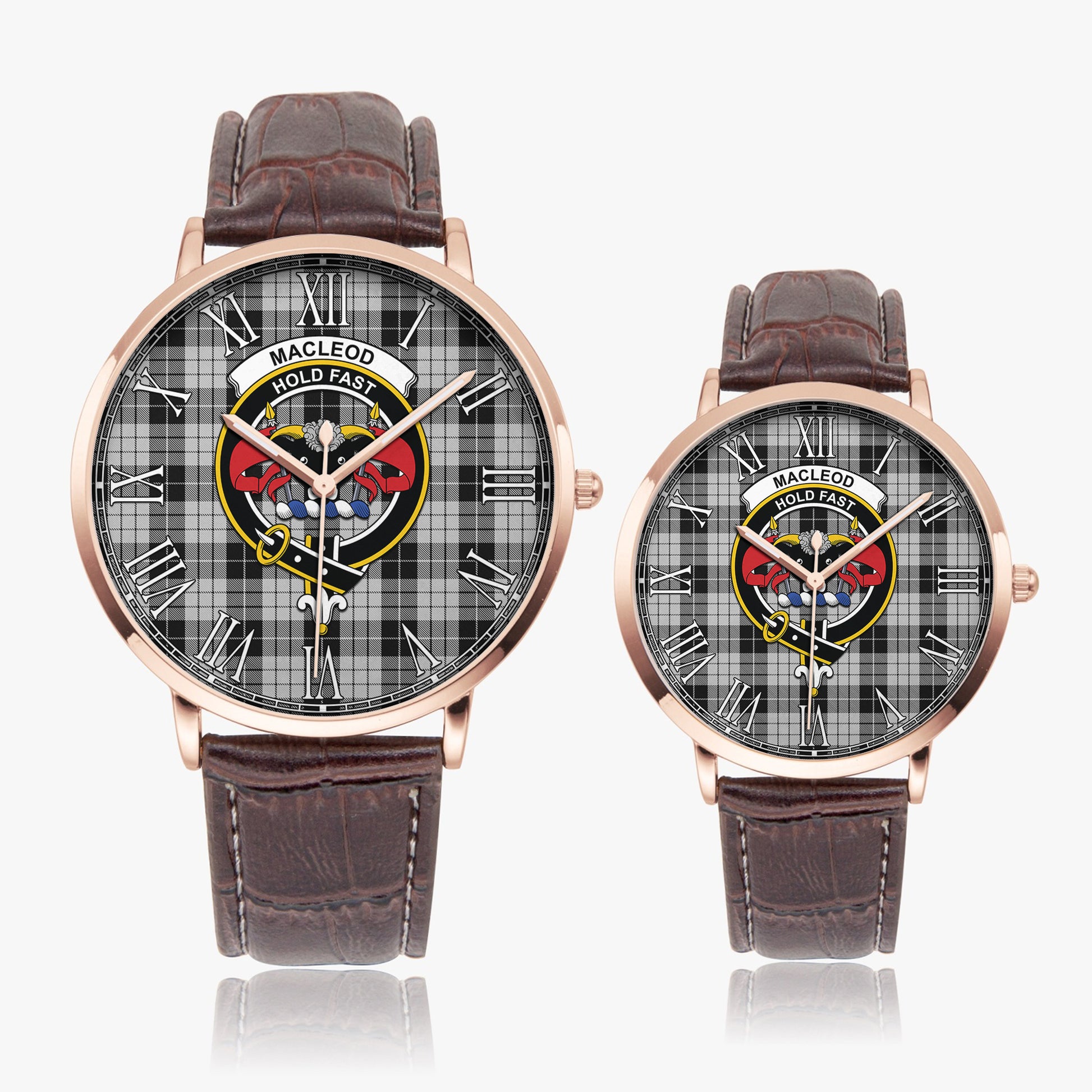 MacLeod Black and White Tartan Family Crest Leather Strap Quartz Watch - Tartanvibesclothing