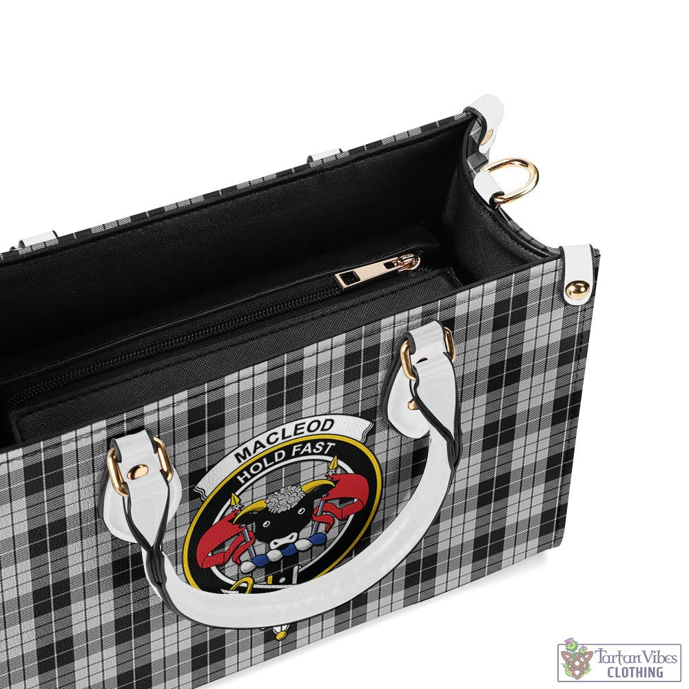 Tartan Vibes Clothing MacLeod Black and White Tartan Luxury Leather Handbags with Family Crest