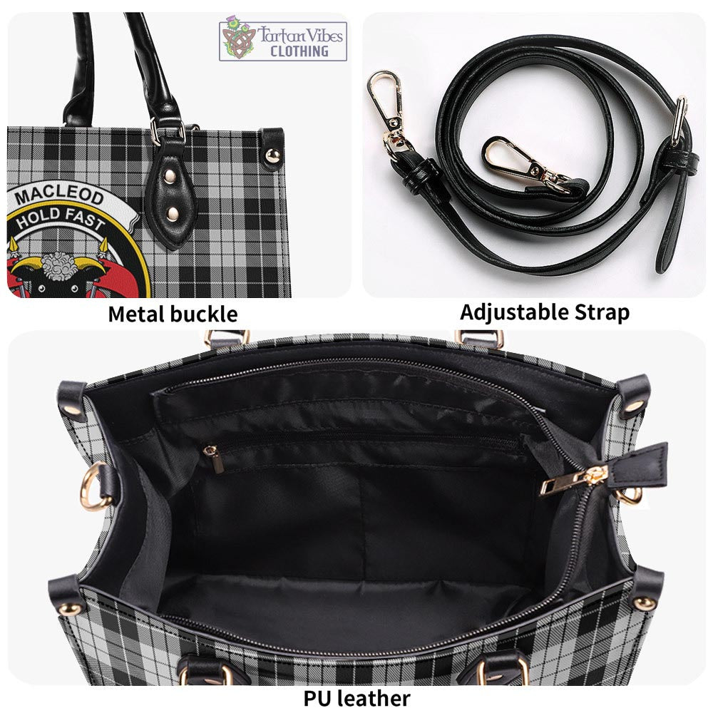 Tartan Vibes Clothing MacLeod Black and White Tartan Luxury Leather Handbags with Family Crest