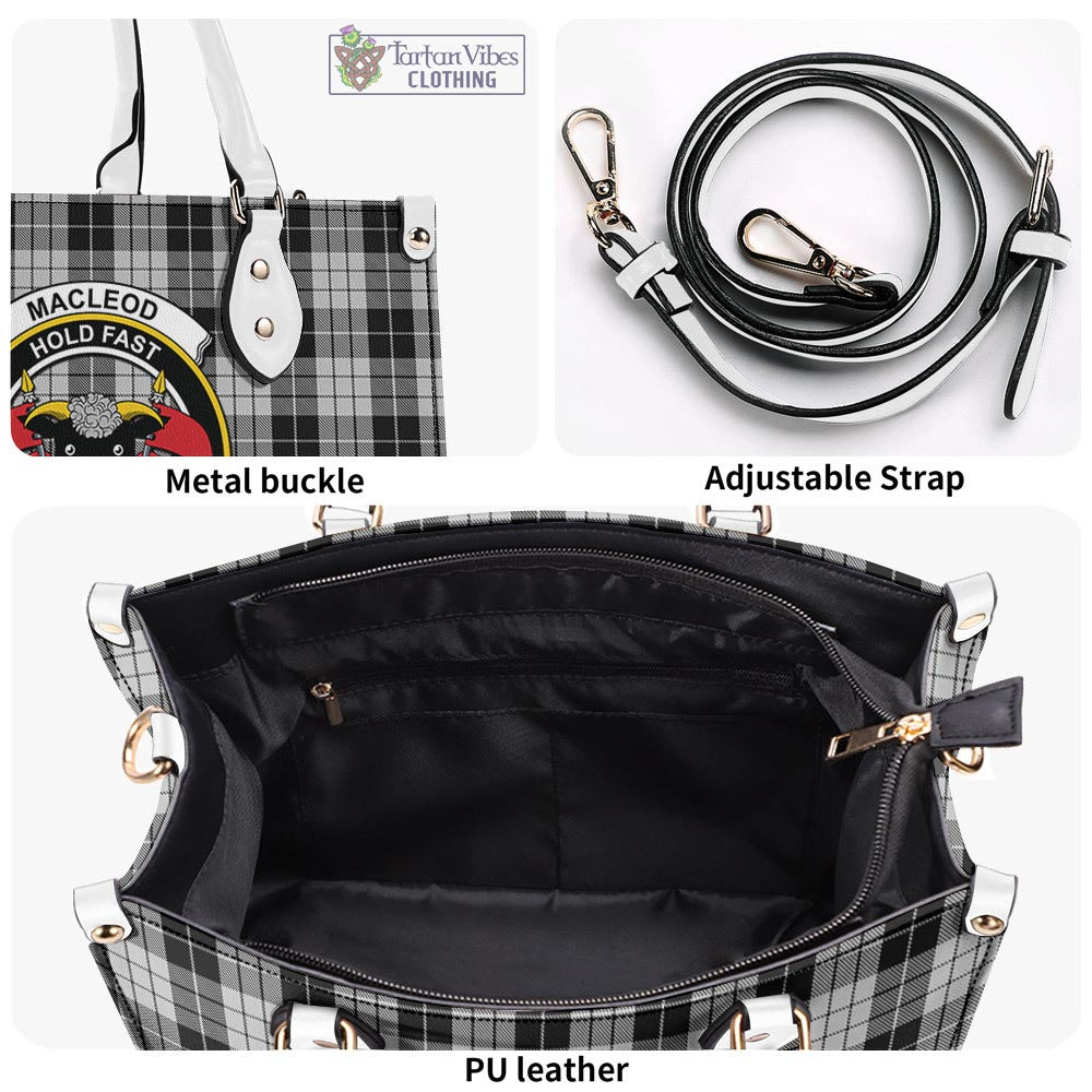 Tartan Vibes Clothing MacLeod Black and White Tartan Luxury Leather Handbags with Family Crest