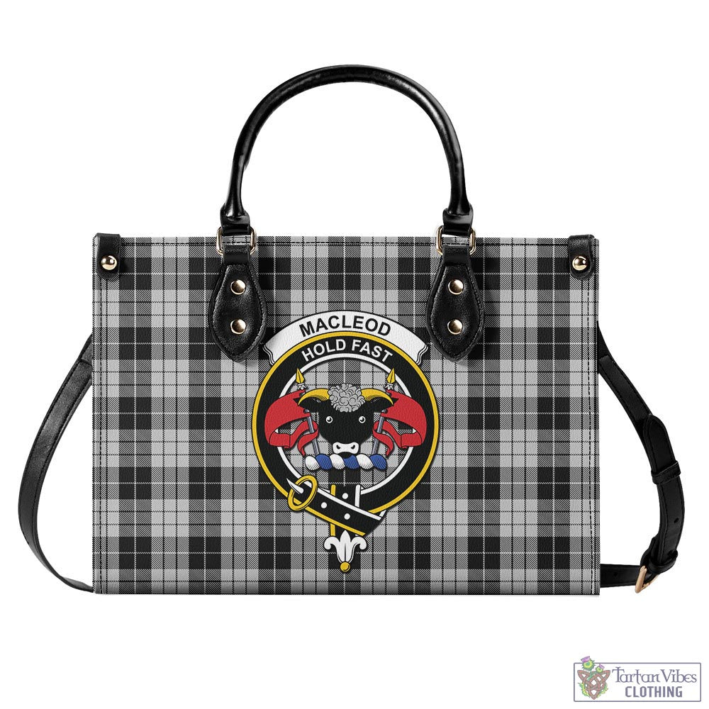 Tartan Vibes Clothing MacLeod Black and White Tartan Luxury Leather Handbags with Family Crest