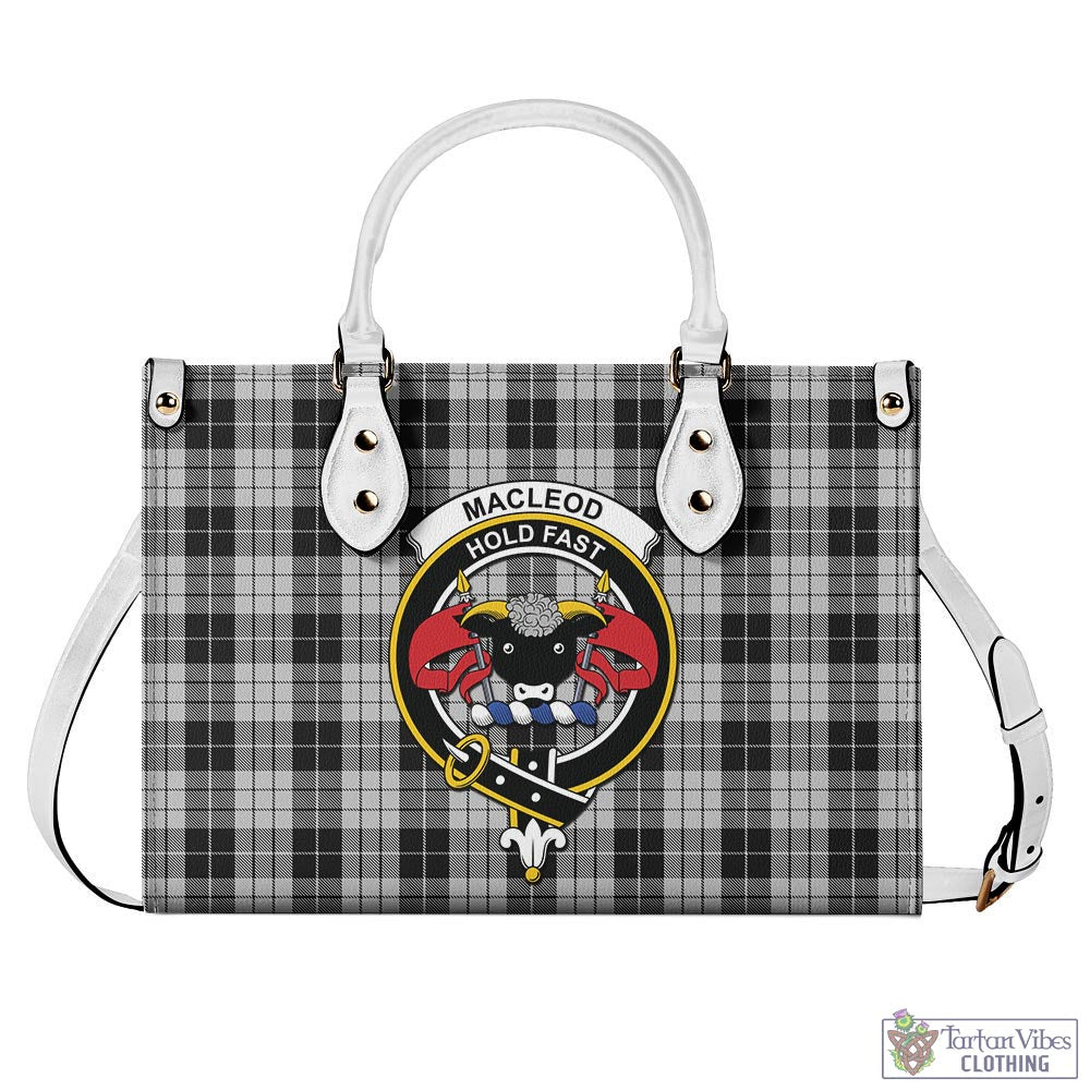 Tartan Vibes Clothing MacLeod Black and White Tartan Luxury Leather Handbags with Family Crest