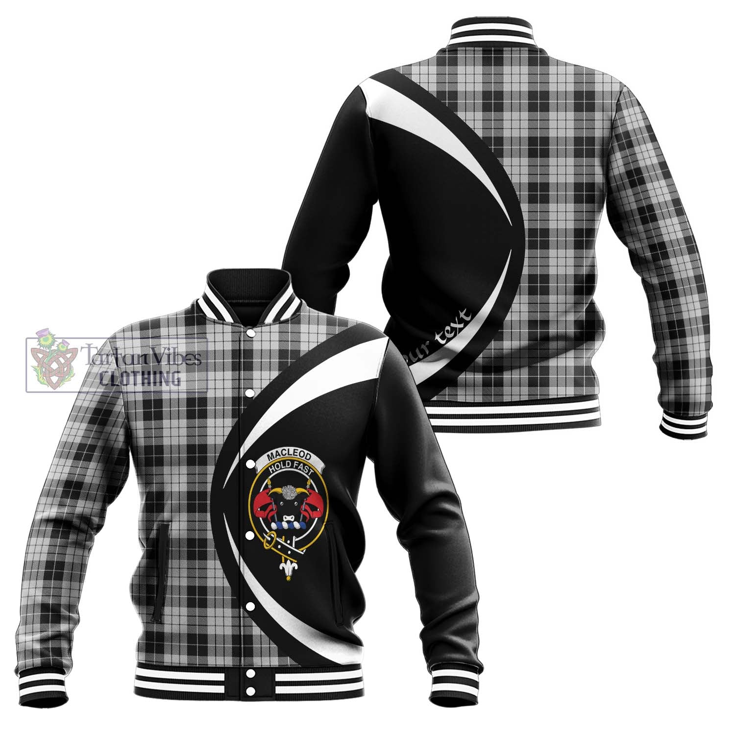 Tartan Vibes Clothing MacLeod Black and White Tartan Baseball Jacket with Family Crest Circle Style