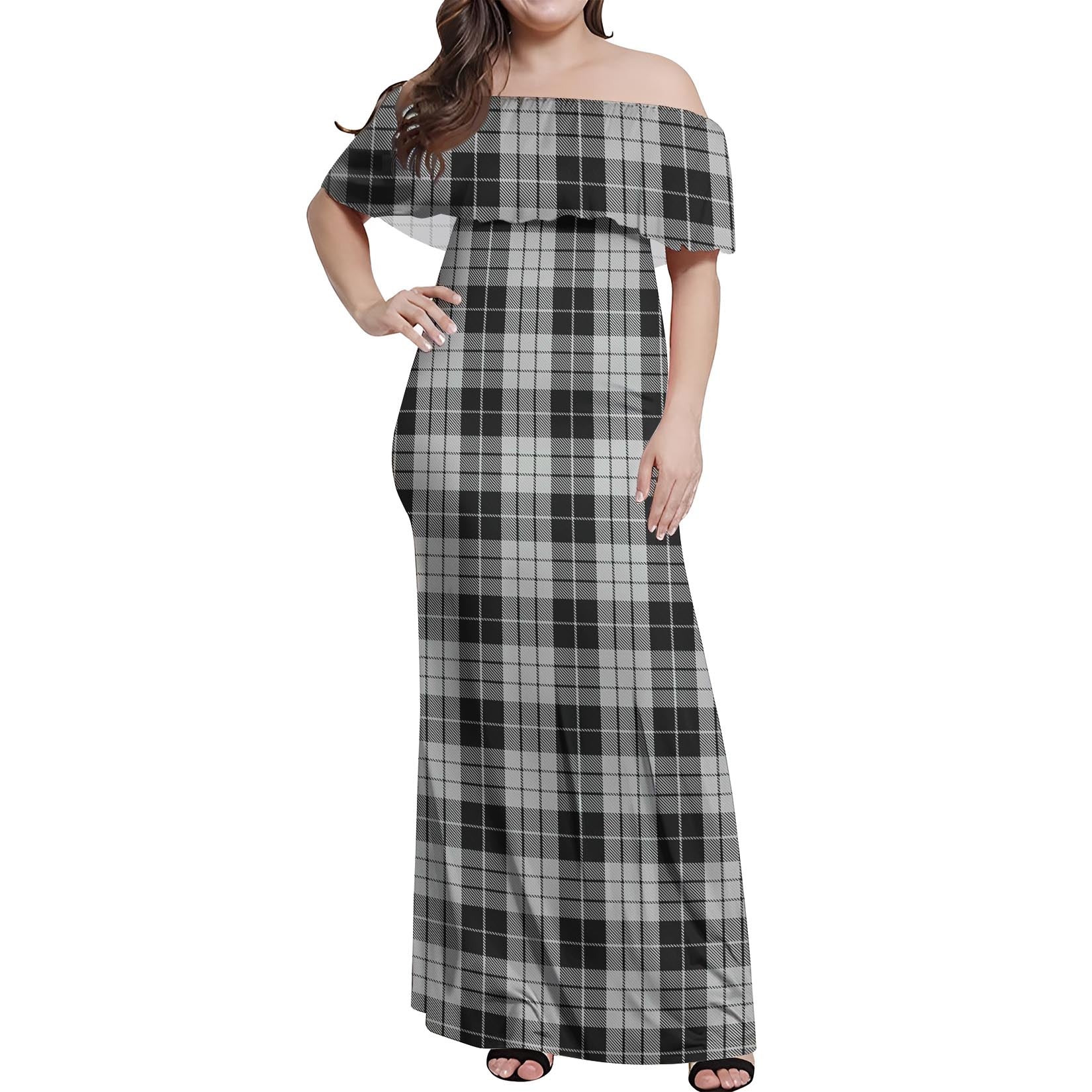 MacLeod Black and White Tartan Off Shoulder Long Dress Women's Dress - Tartanvibesclothing