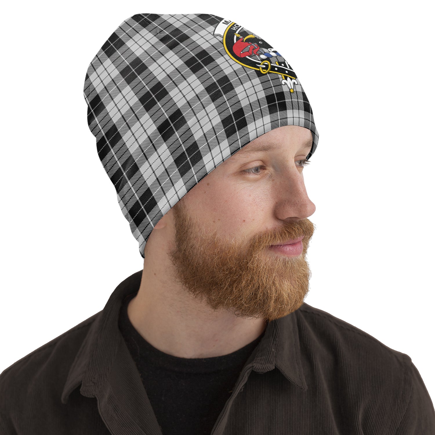 macleod-black-and-white-tartan-beanies-hat-with-family-crest