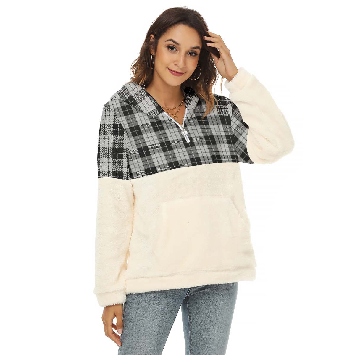 MacLeod Black and White Tartan Women's Borg Fleece Hoodie With Half Zip Female - Tartanvibesclothing