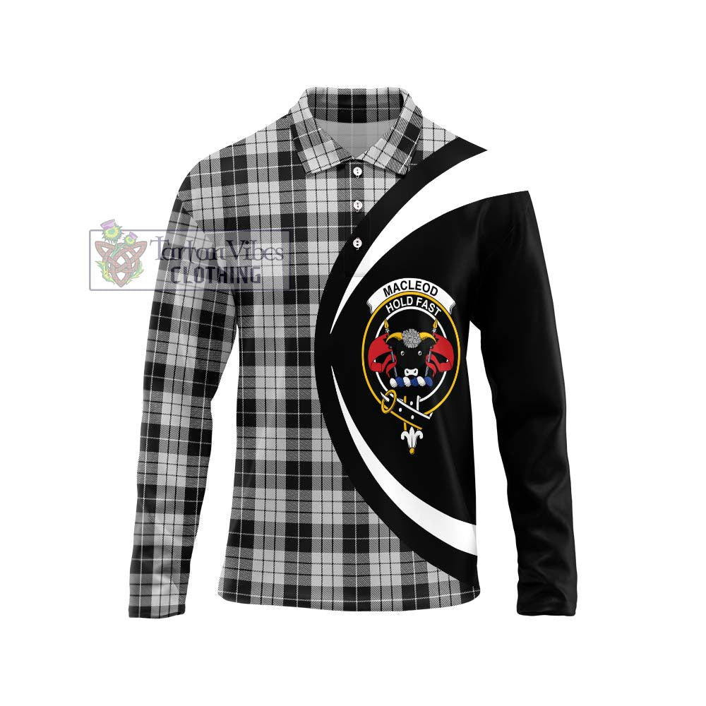 Tartan Vibes Clothing MacLeod Black and White Tartan Long Sleeve Polo Shirt with Family Crest Circle Style