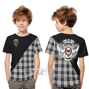 MacLeod Black and White Tartan Kid T-Shirt with Family Crest and Military Logo Style