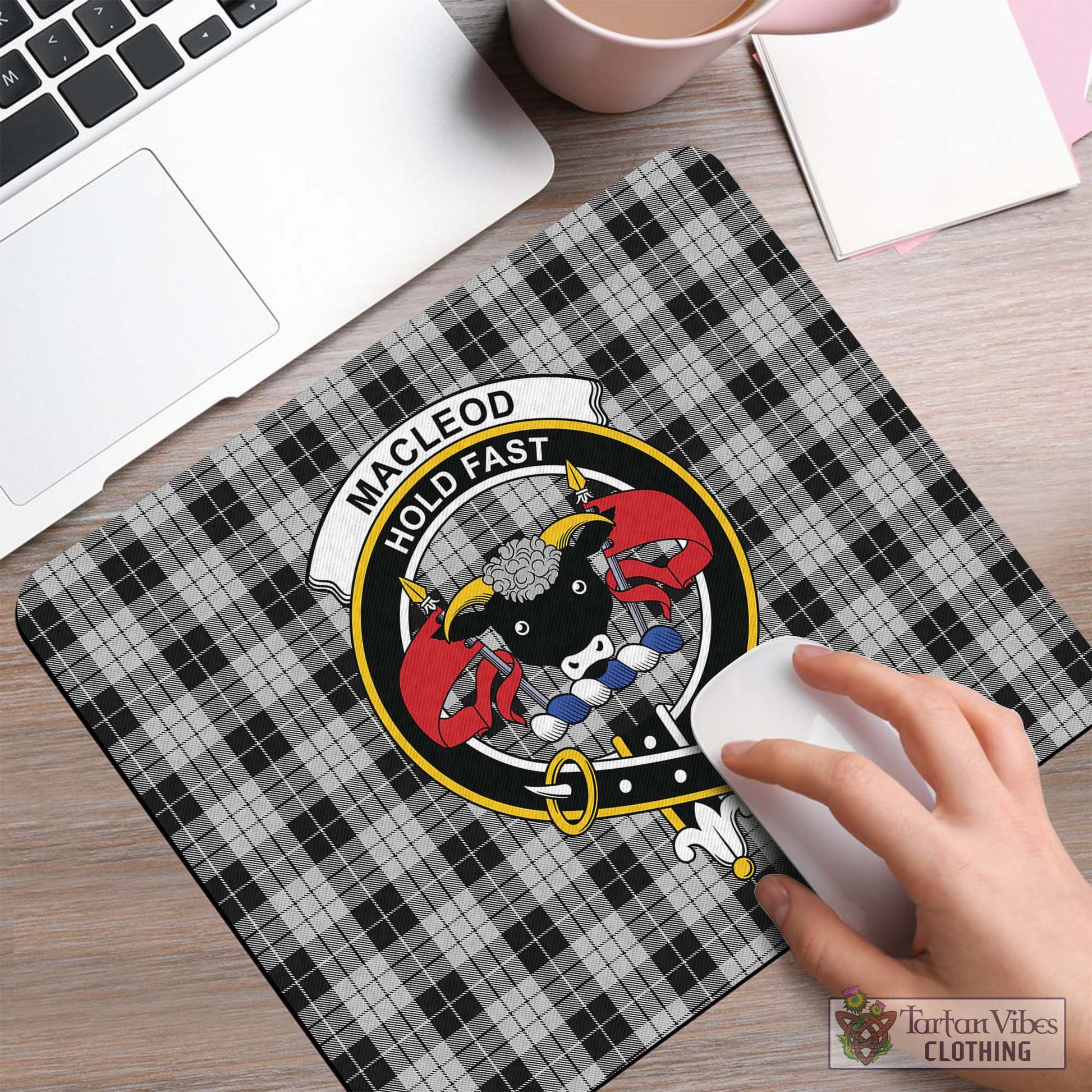 Tartan Vibes Clothing MacLeod Black and White Tartan Mouse Pad with Family Crest