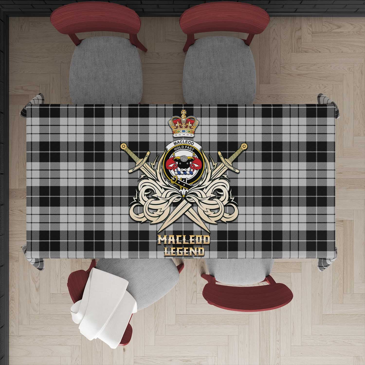 Tartan Vibes Clothing MacLeod Black and White Tartan Tablecloth with Clan Crest and the Golden Sword of Courageous Legacy