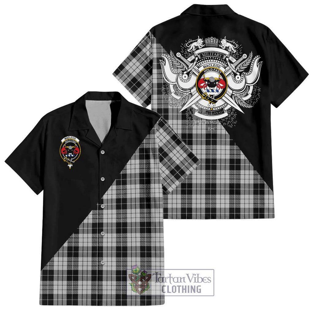 MacLeod Black and White Tartan Short Sleeve Button Shirt with Family Crest and Military Logo Style Kid - Tartanvibesclothing Shop