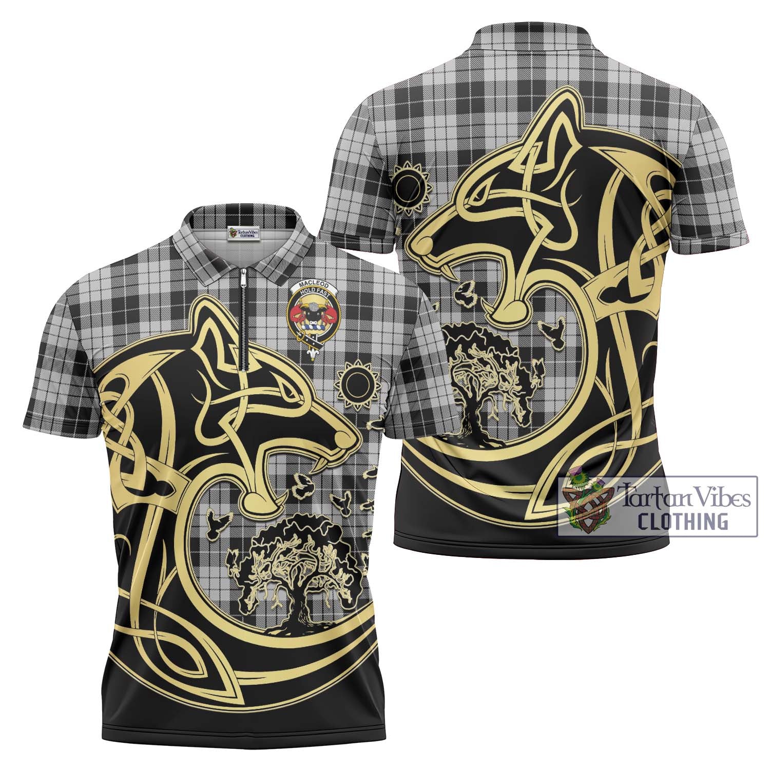 Tartan Vibes Clothing MacLeod Black and White Tartan Zipper Polo Shirt with Family Crest Celtic Wolf Style