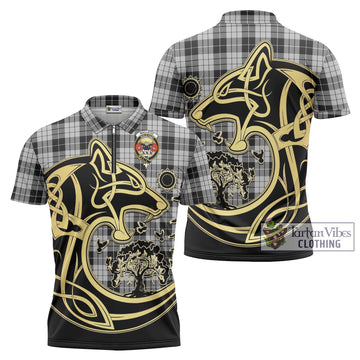 MacLeod Black and White Tartan Zipper Polo Shirt with Family Crest Celtic Wolf Style