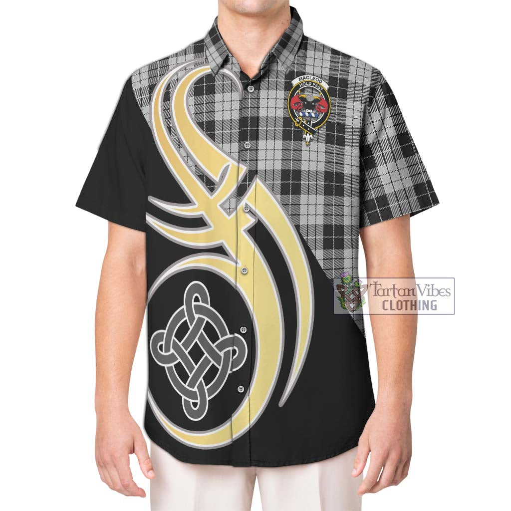 Tartan Vibes Clothing MacLeod Black and White Tartan Short Sleeve Button Shirt with Family Crest and Celtic Symbol Style