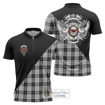 MacLeod Black and White Tartan Zipper Polo Shirt with Family Crest and Military Logo Style