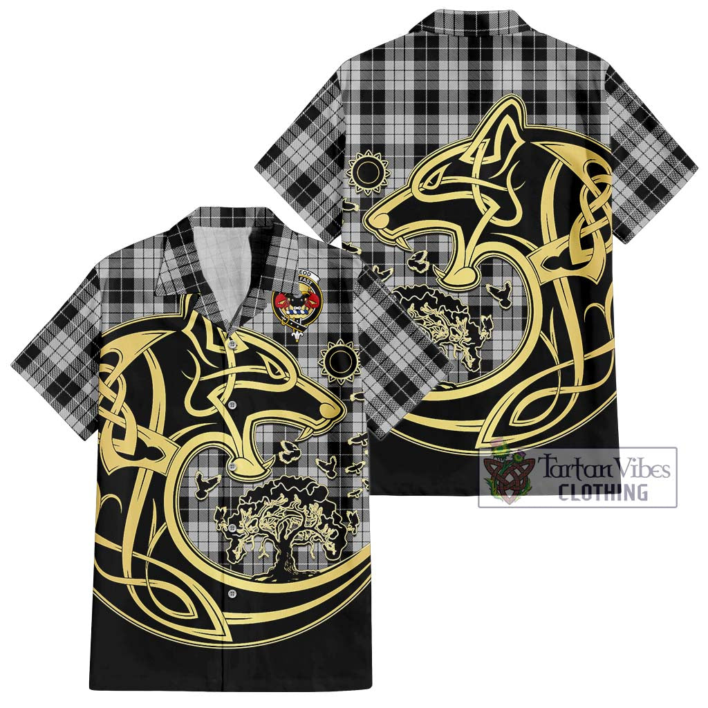 Tartan Vibes Clothing MacLeod Black and White Tartan Short Sleeve Button Shirt with Family Crest Celtic Wolf Style