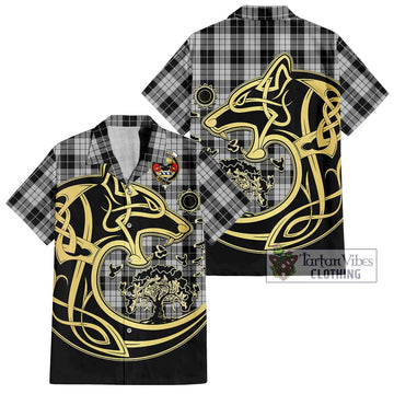 MacLeod Black and White Tartan Short Sleeve Button Shirt with Family Crest Celtic Wolf Style