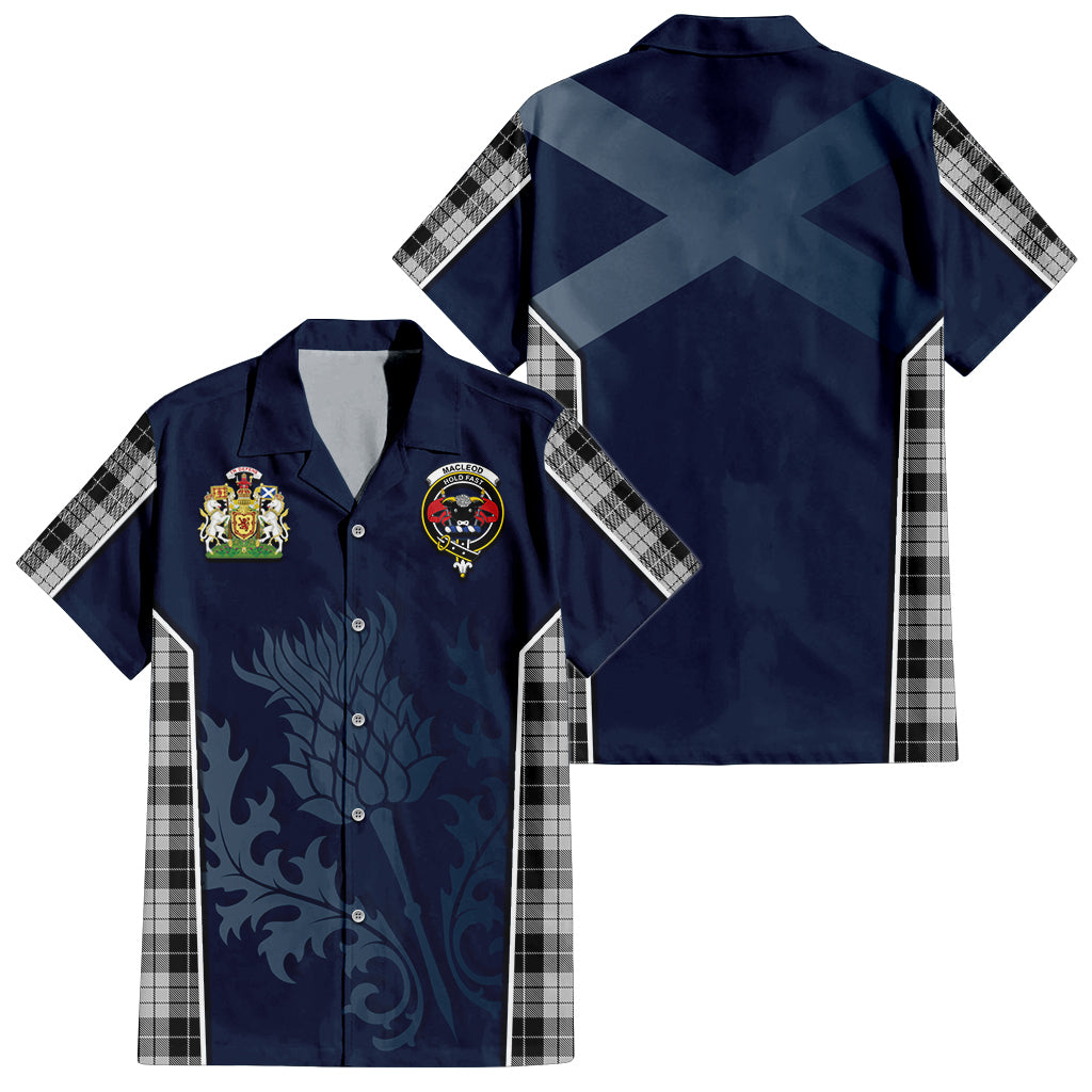 Tartan Vibes Clothing MacLeod Black and White Tartan Short Sleeve Button Up Shirt with Family Crest and Scottish Thistle Vibes Sport Style