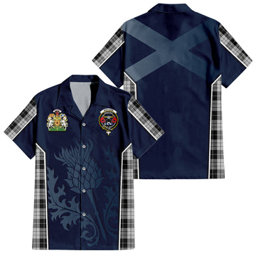 MacLeod Black and White Tartan Short Sleeve Button Up Shirt with Family Crest and Scottish Thistle Vibes Sport Style