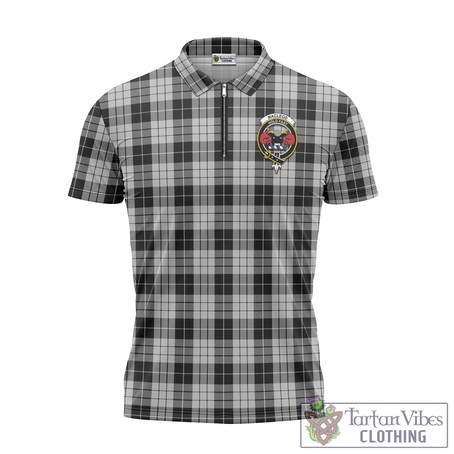 Tartan Vibes Clothing MacLeod Black and White Tartan Zipper Polo Shirt with Family Crest