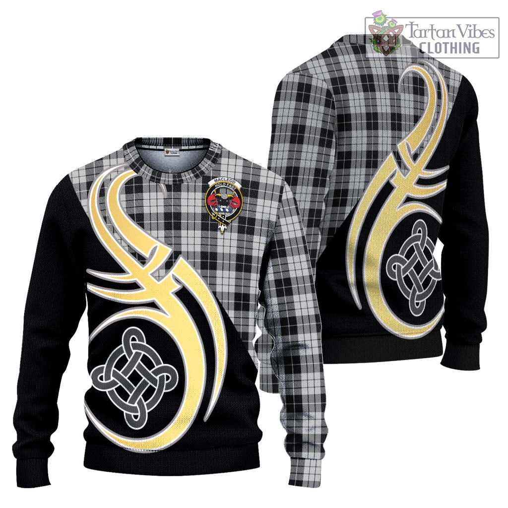 Tartan Vibes Clothing MacLeod Black and White Tartan Knitted Sweater with Family Crest and Celtic Symbol Style