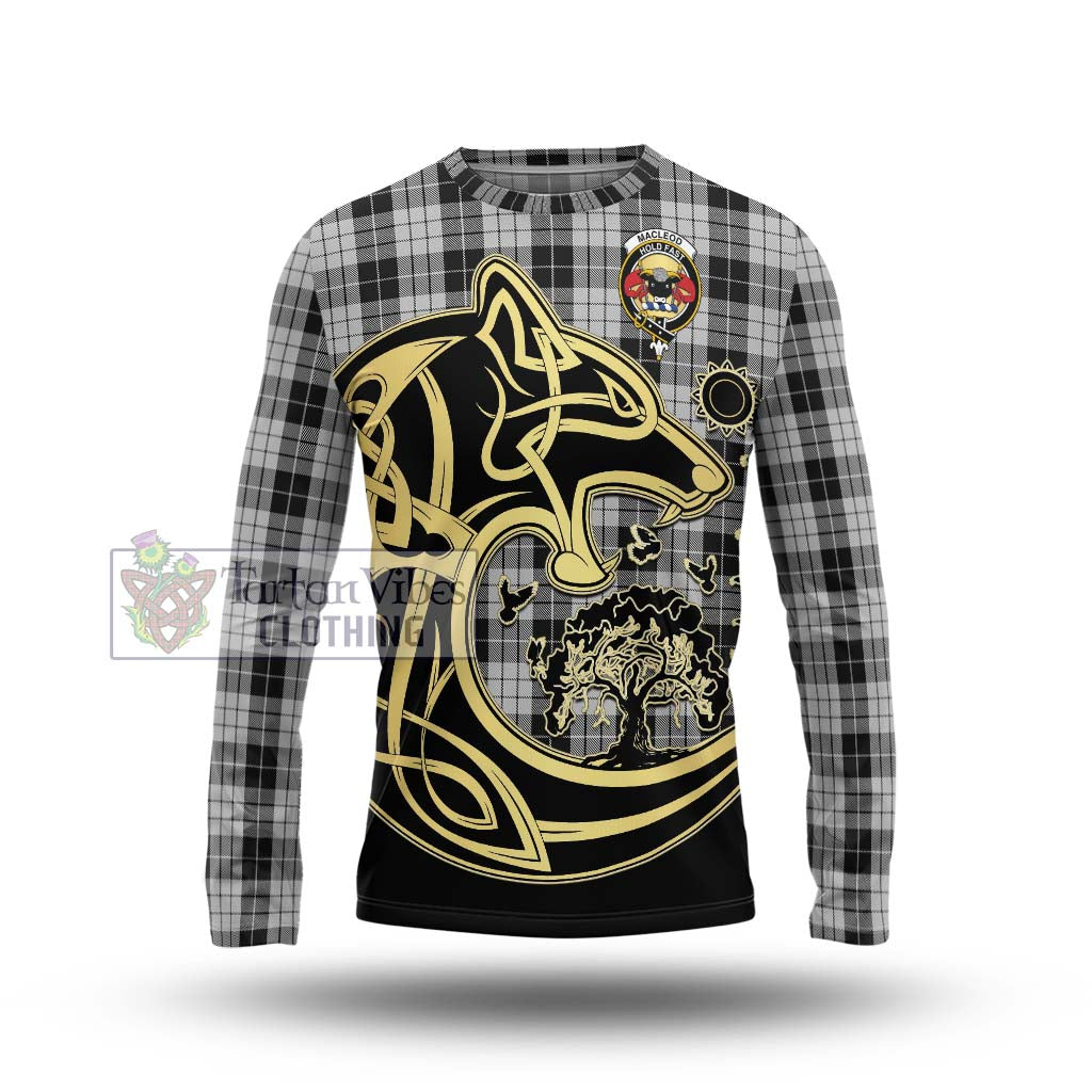 Tartan Vibes Clothing MacLeod Black and White Tartan Long Sleeve T-Shirt with Family Crest Celtic Wolf Style