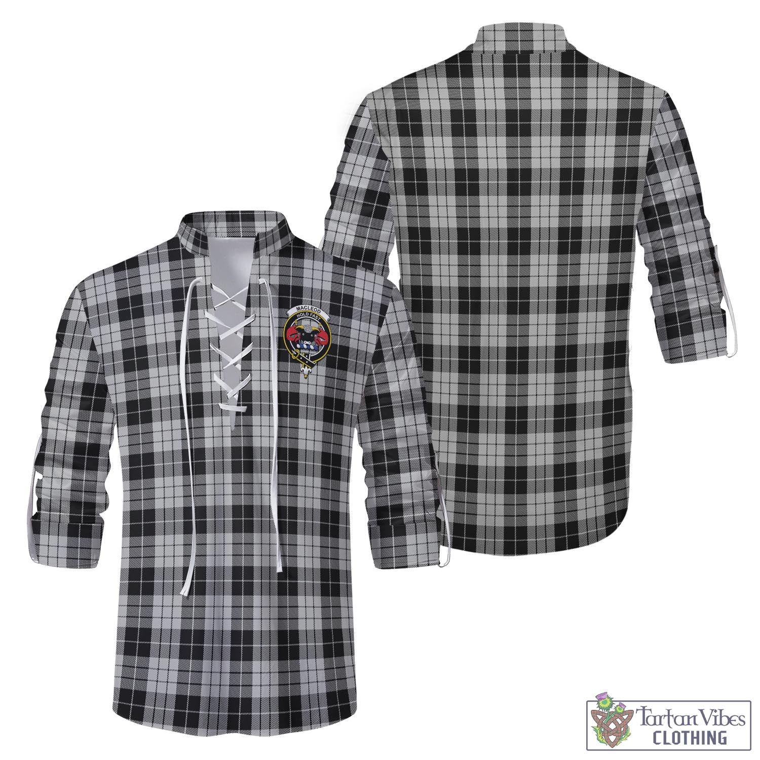 Tartan Vibes Clothing MacLeod Black and White Tartan Men's Scottish Traditional Jacobite Ghillie Kilt Shirt with Family Crest