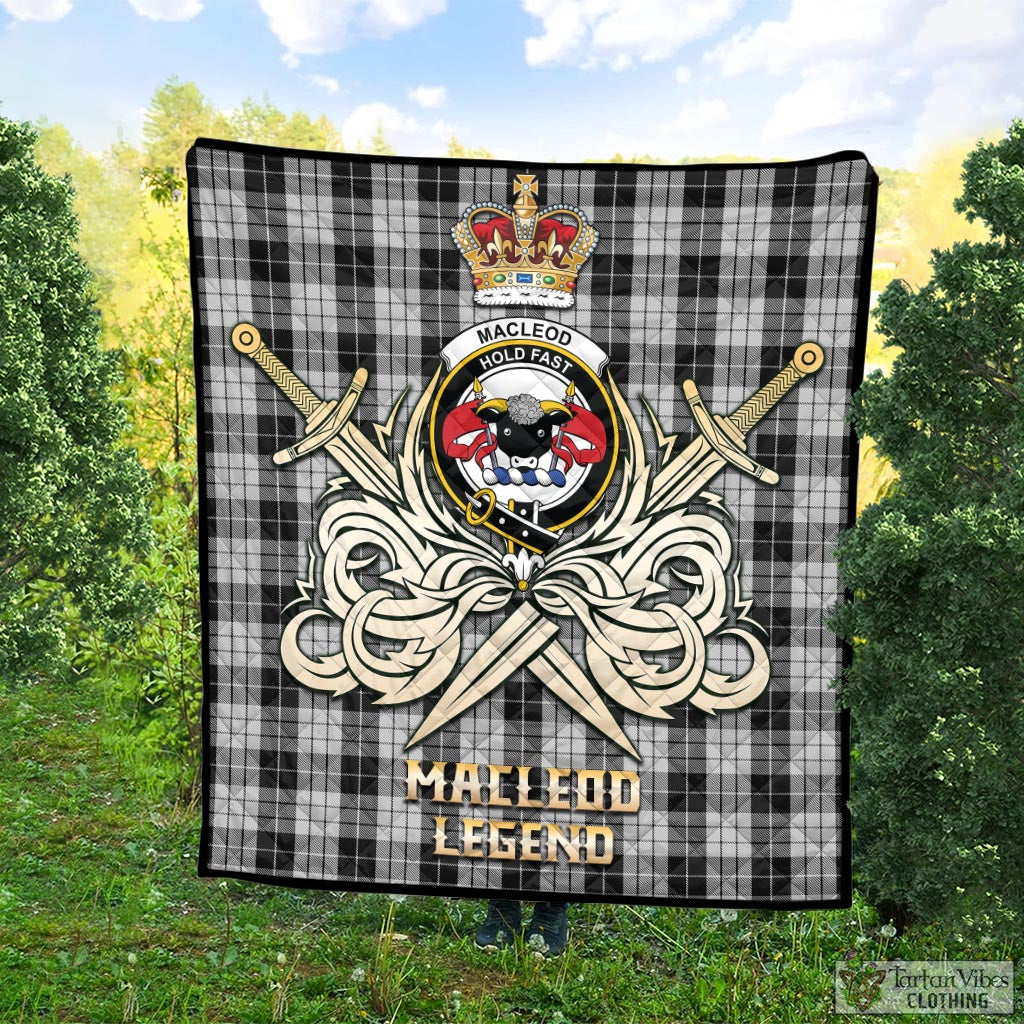 Tartan Vibes Clothing MacLeod Black and White Tartan Quilt with Clan Crest and the Golden Sword of Courageous Legacy