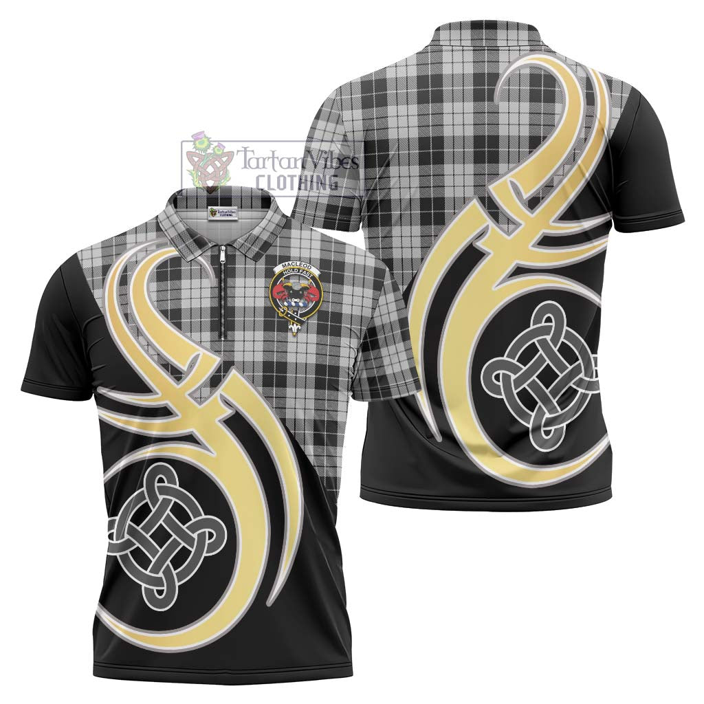 Tartan Vibes Clothing MacLeod Black and White Tartan Zipper Polo Shirt with Family Crest and Celtic Symbol Style