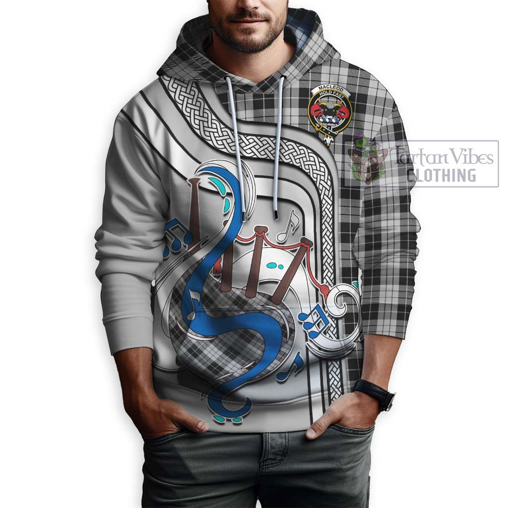 Tartan Vibes Clothing MacLeod Black and White Tartan Hoodie with Epic Bagpipe Style