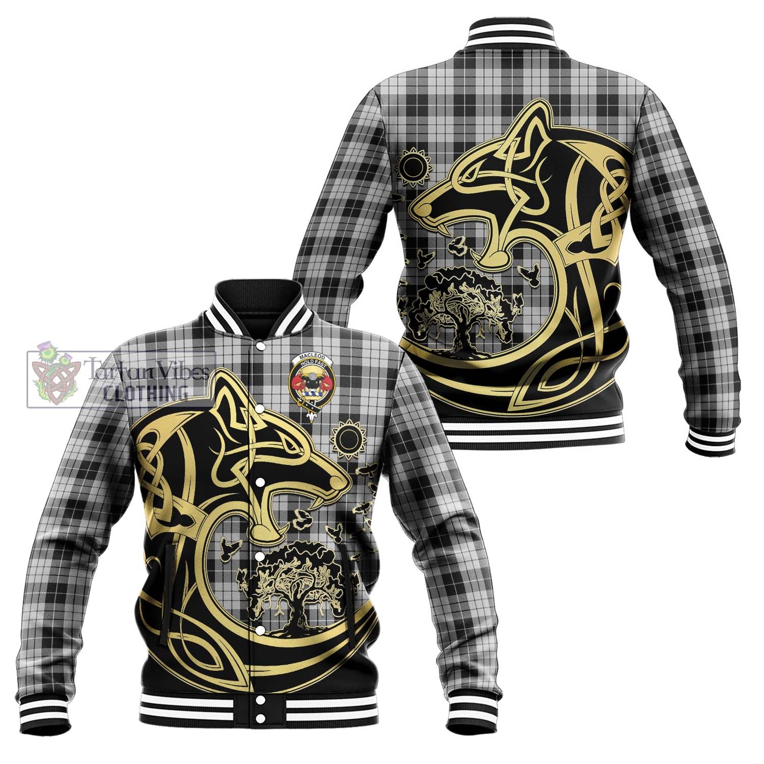 Tartan Vibes Clothing MacLeod Black and White Tartan Baseball Jacket with Family Crest Celtic Wolf Style