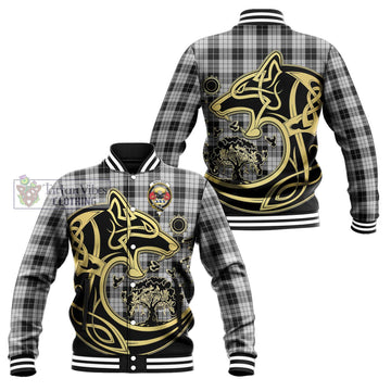 MacLeod Black and White Tartan Baseball Jacket with Family Crest Celtic Wolf Style