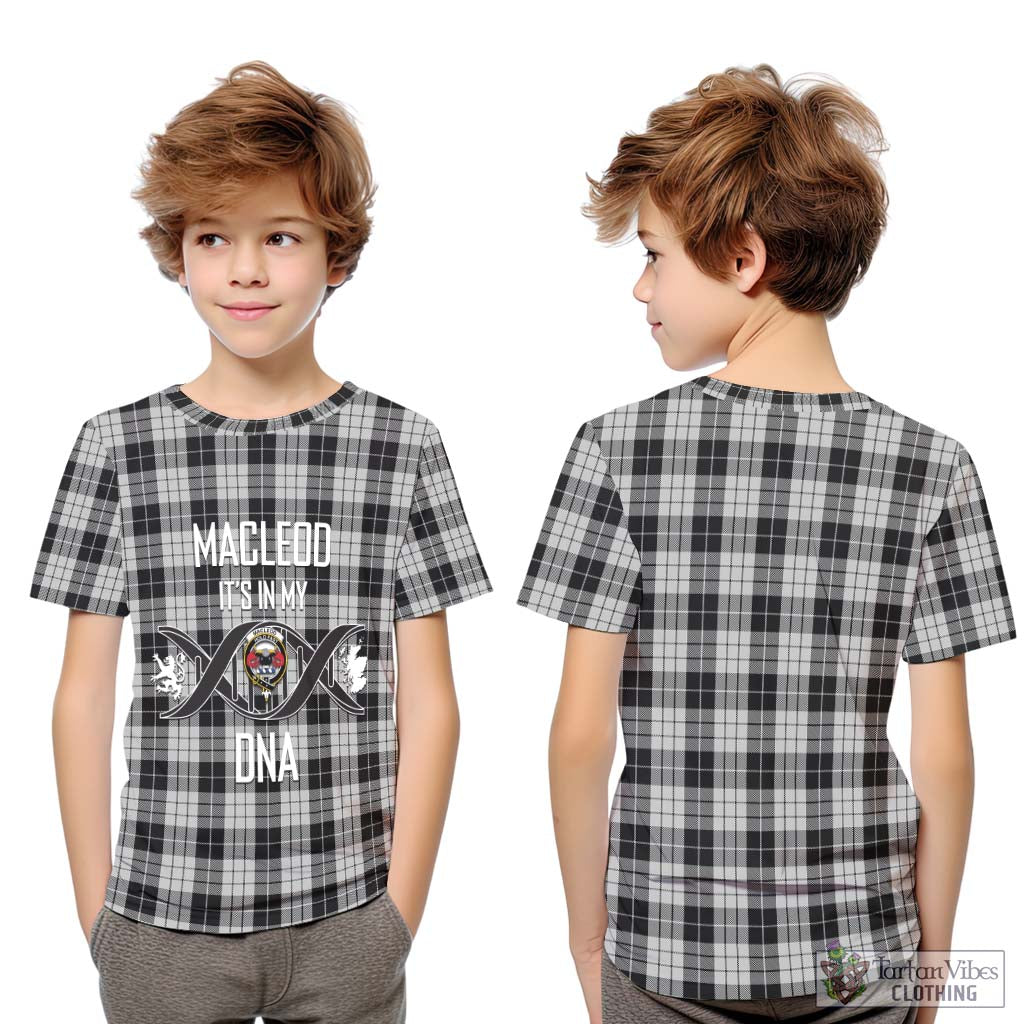 Tartan Vibes Clothing MacLeod Black and White Tartan Kid T-Shirt with Family Crest DNA In Me Style