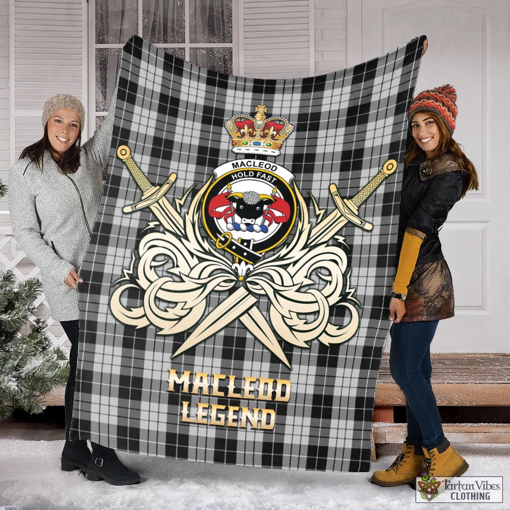 Tartan Vibes Clothing MacLeod Black and White Tartan Blanket with Clan Crest and the Golden Sword of Courageous Legacy