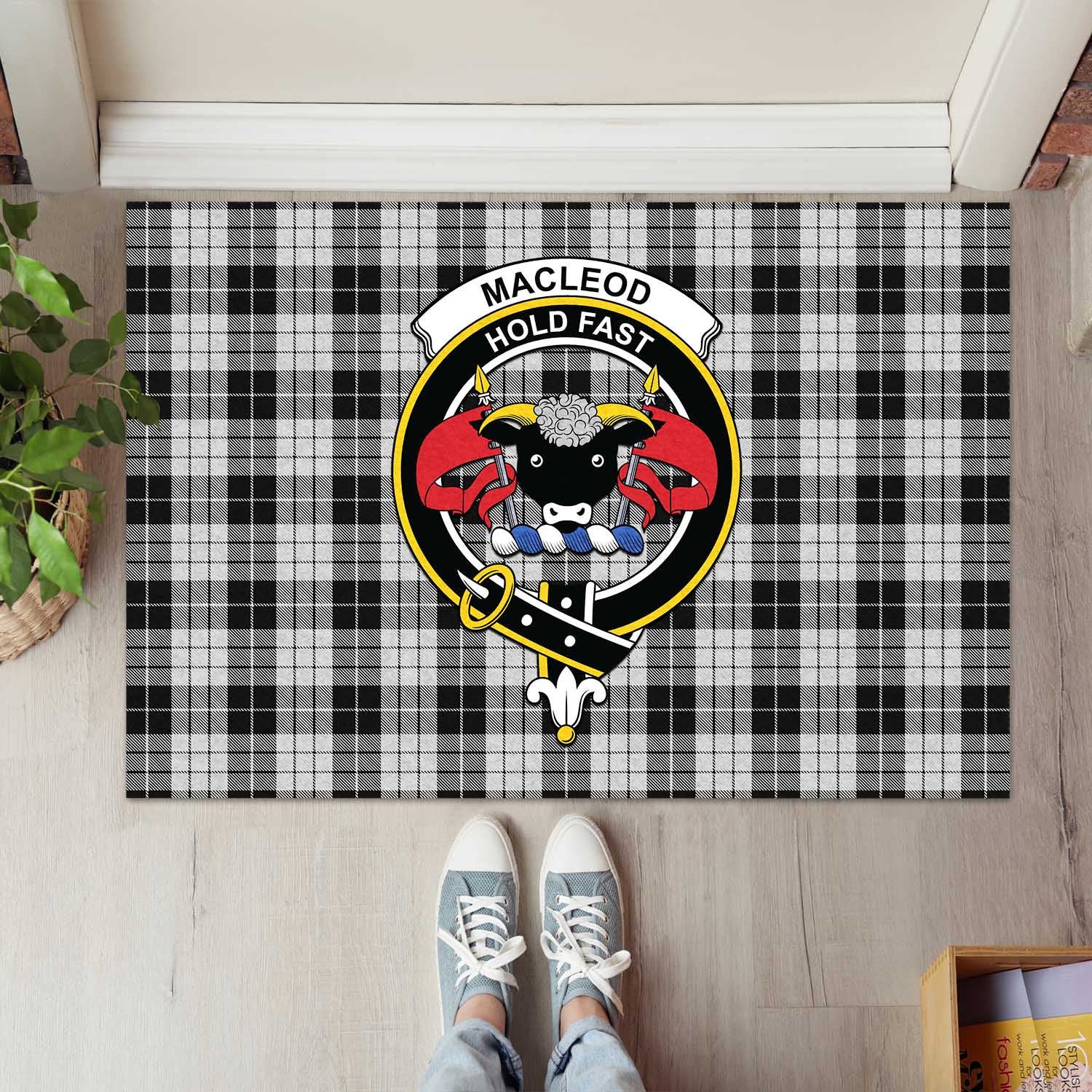 MacLeod Black and White Tartan Door Mat with Family Crest - Tartanvibesclothing