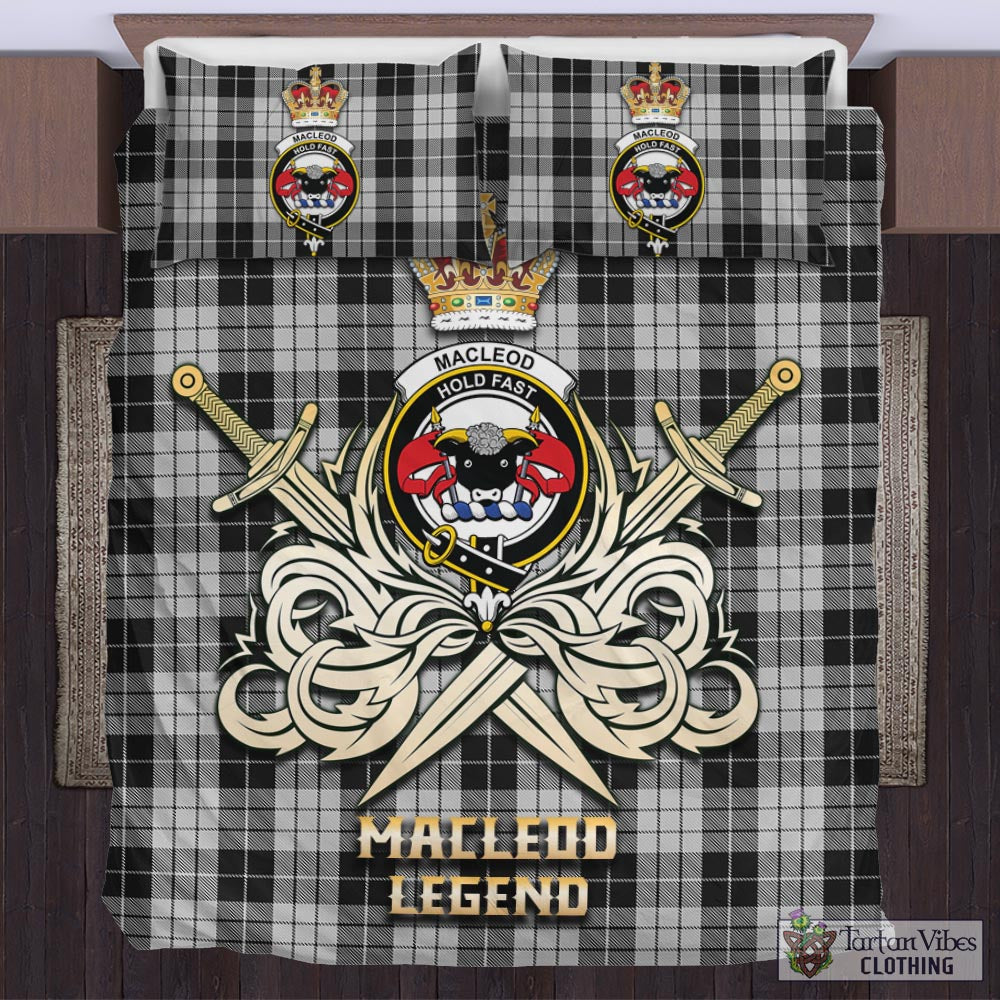 Tartan Vibes Clothing MacLeod Black and White Tartan Bedding Set with Clan Crest and the Golden Sword of Courageous Legacy