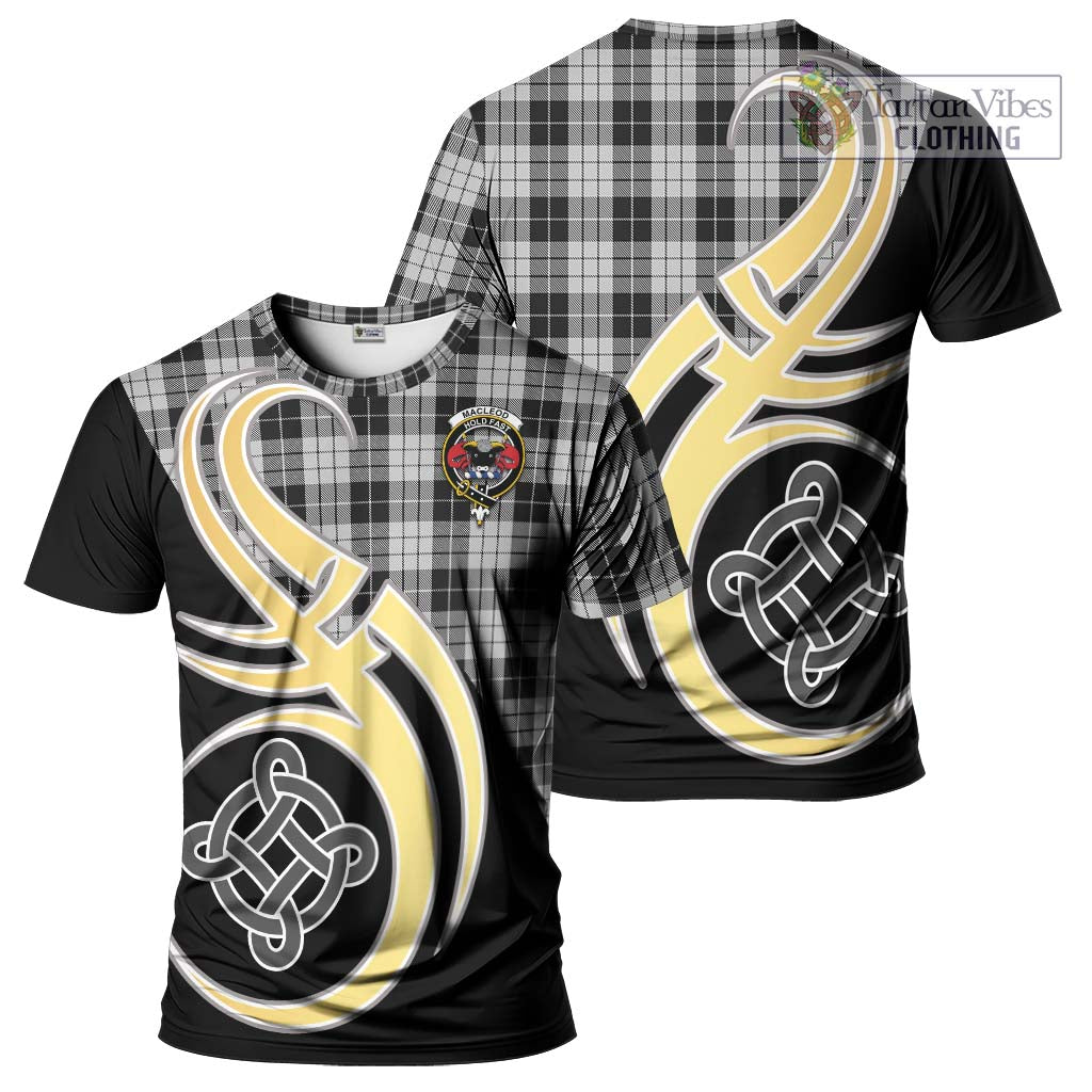 Tartan Vibes Clothing MacLeod Black and White Tartan T-Shirt with Family Crest and Celtic Symbol Style