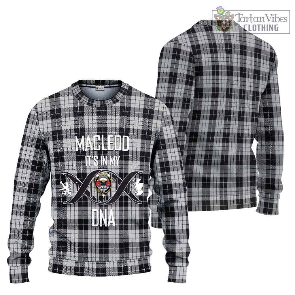 Tartan Vibes Clothing MacLeod Black and White Tartan Knitted Sweater with Family Crest DNA In Me Style