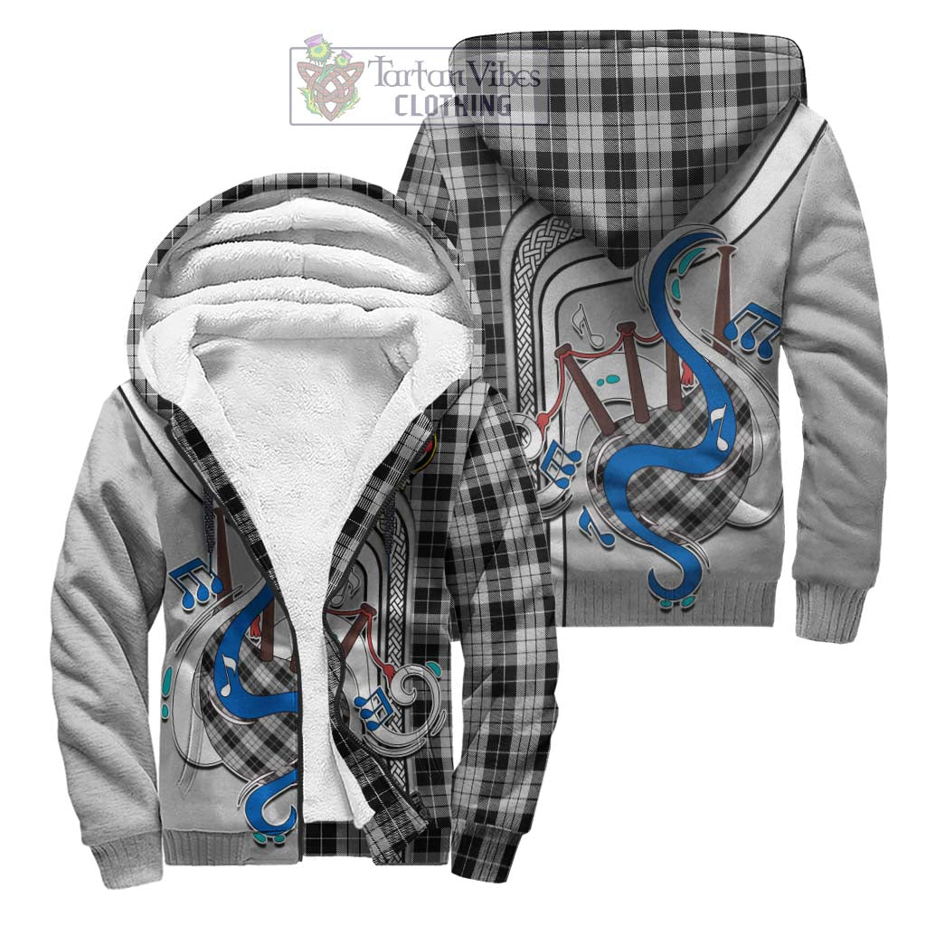 Tartan Vibes Clothing MacLeod Black and White Tartan Sherpa Hoodie with Epic Bagpipe Style