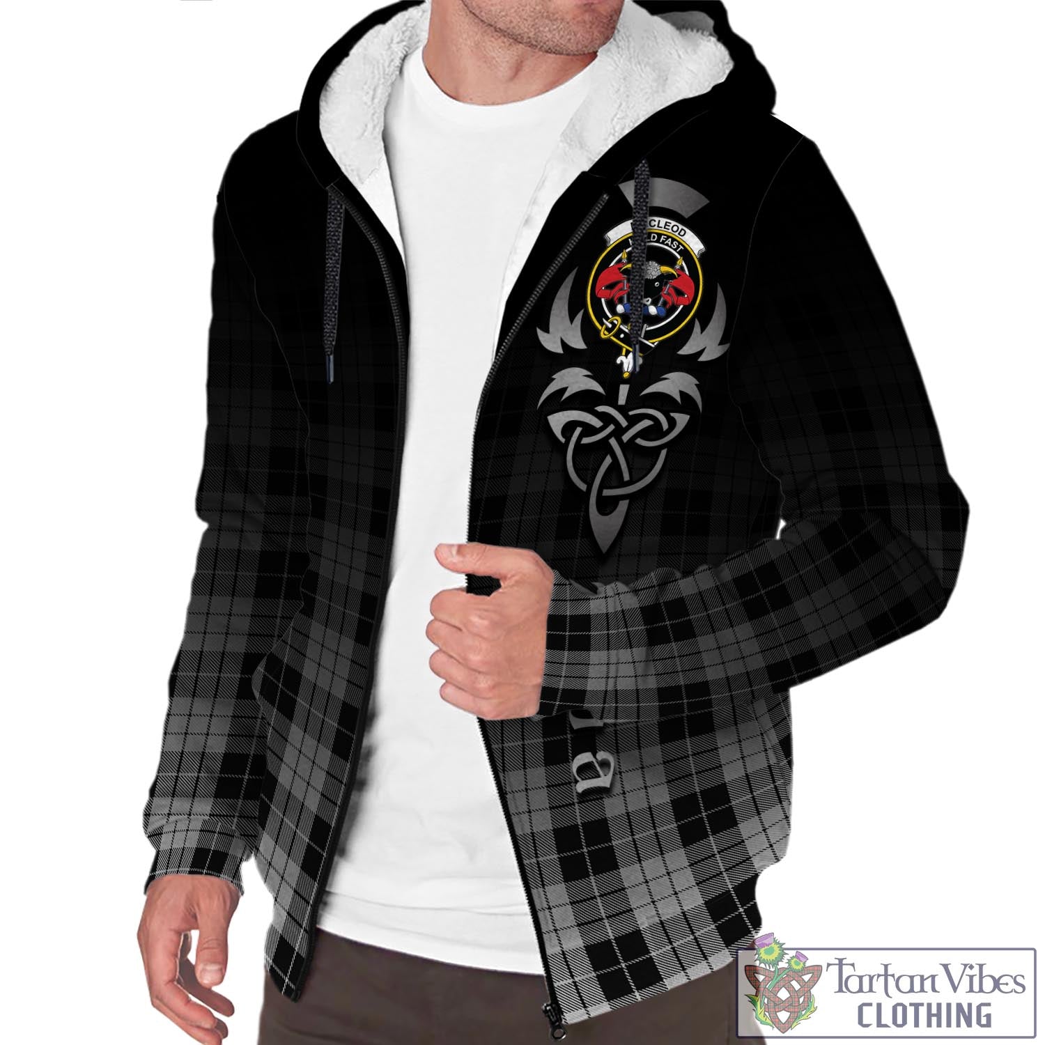 Tartan Vibes Clothing MacLeod Black and White Tartan Sherpa Hoodie Featuring Alba Gu Brath Family Crest Celtic Inspired