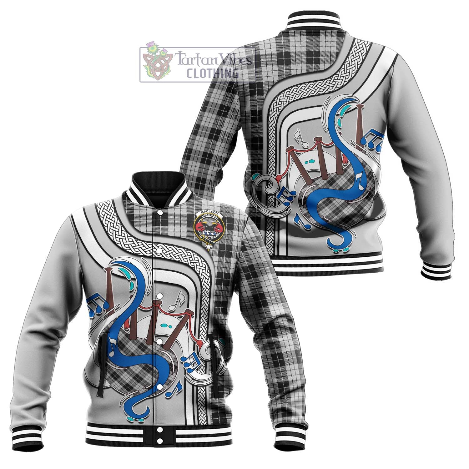 Tartan Vibes Clothing MacLeod Black and White Tartan Baseball Jacket with Epic Bagpipe Style