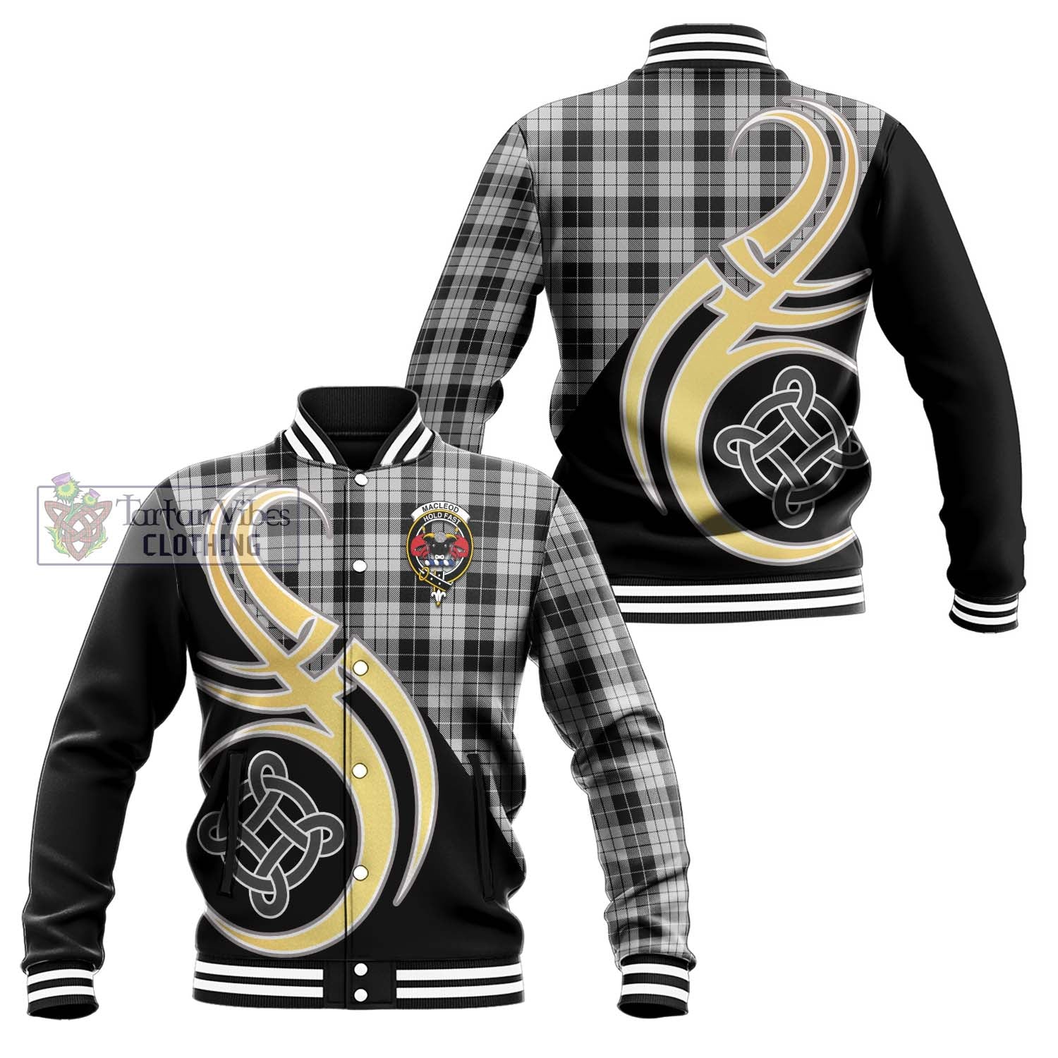 Tartan Vibes Clothing MacLeod Black and White Tartan Baseball Jacket with Family Crest and Celtic Symbol Style