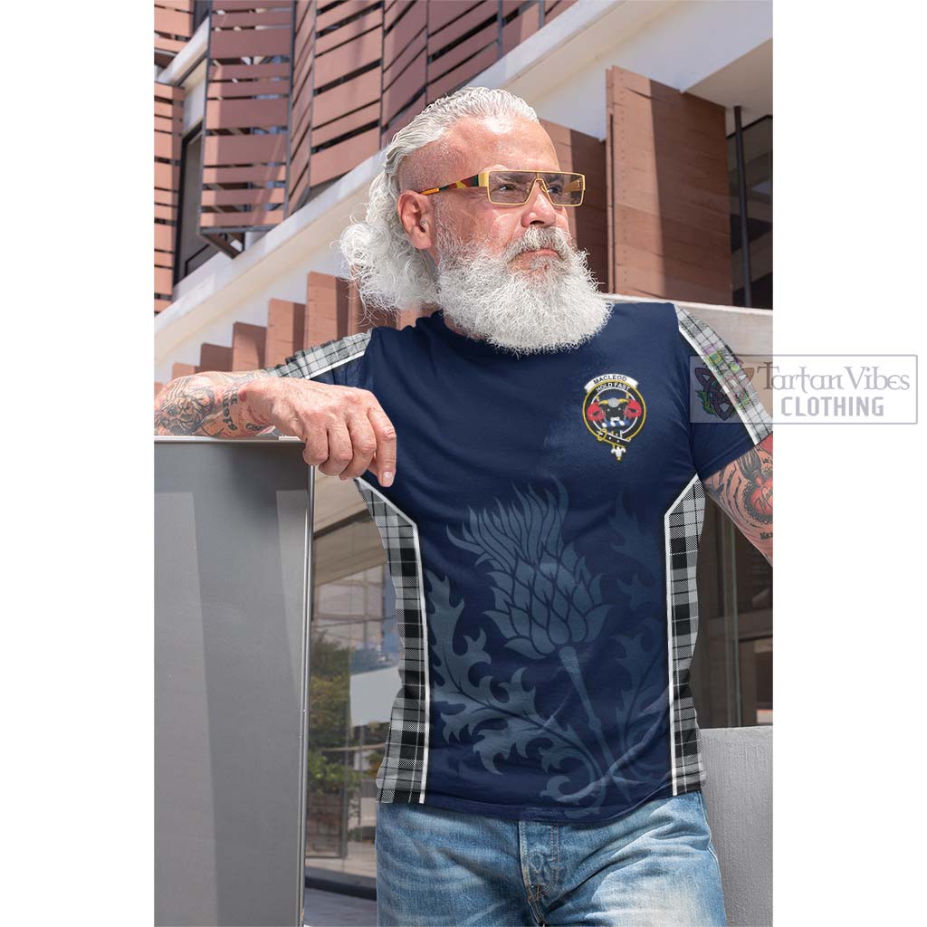 Tartan Vibes Clothing MacLeod Black and White Tartan Cotton T-shirt with Family Crest and Scottish Thistle Vibes Sport Style