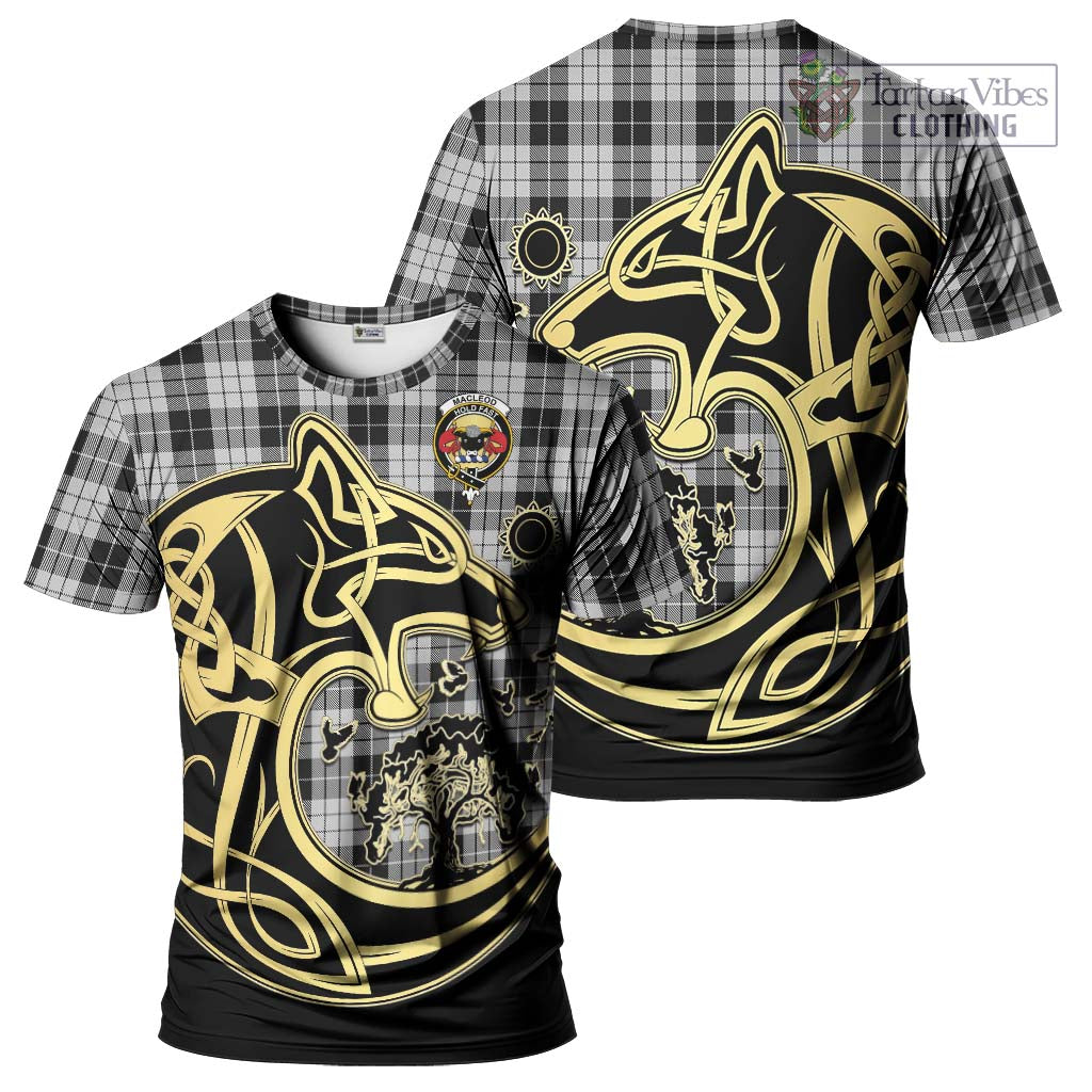 Tartan Vibes Clothing MacLeod Black and White Tartan T-Shirt with Family Crest Celtic Wolf Style