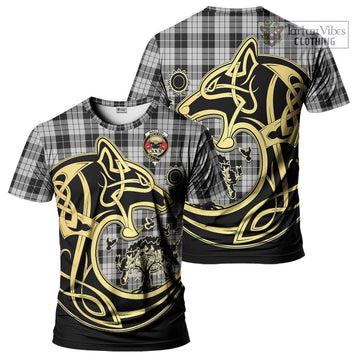 MacLeod Black and White Tartan T-Shirt with Family Crest Celtic Wolf Style