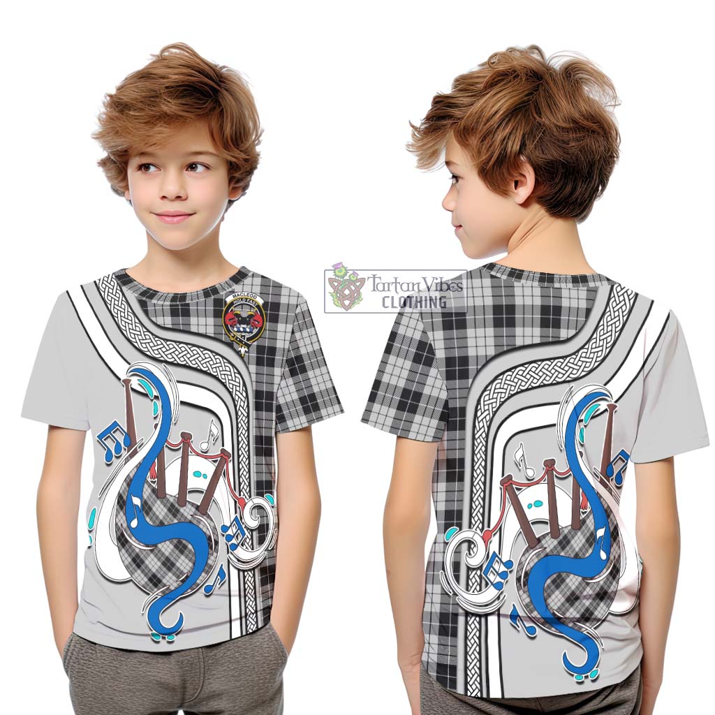 Tartan Vibes Clothing MacLeod Black and White Tartan Kid T-Shirt with Epic Bagpipe Style