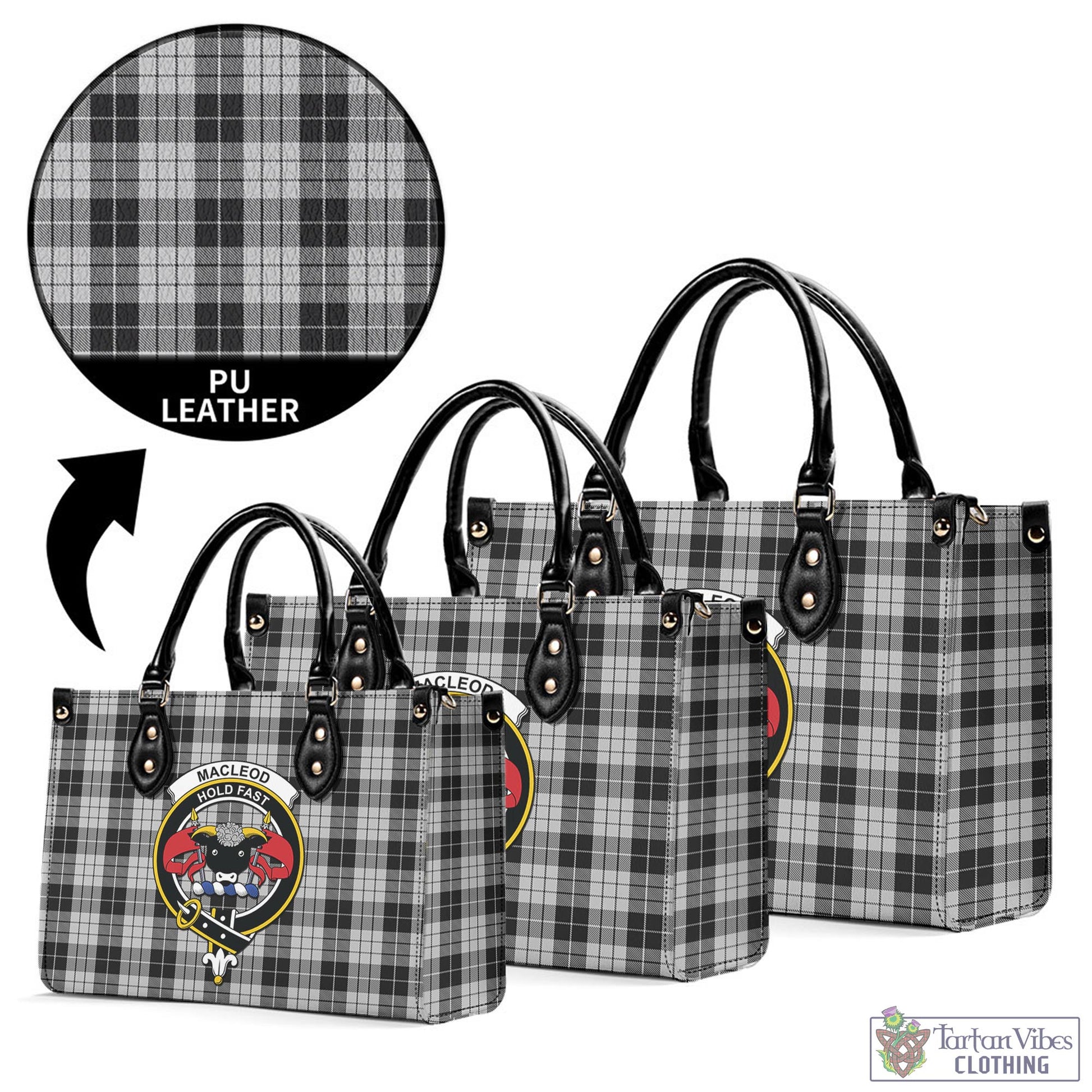 Tartan Vibes Clothing MacLeod Black and White Tartan Luxury Leather Handbags with Family Crest